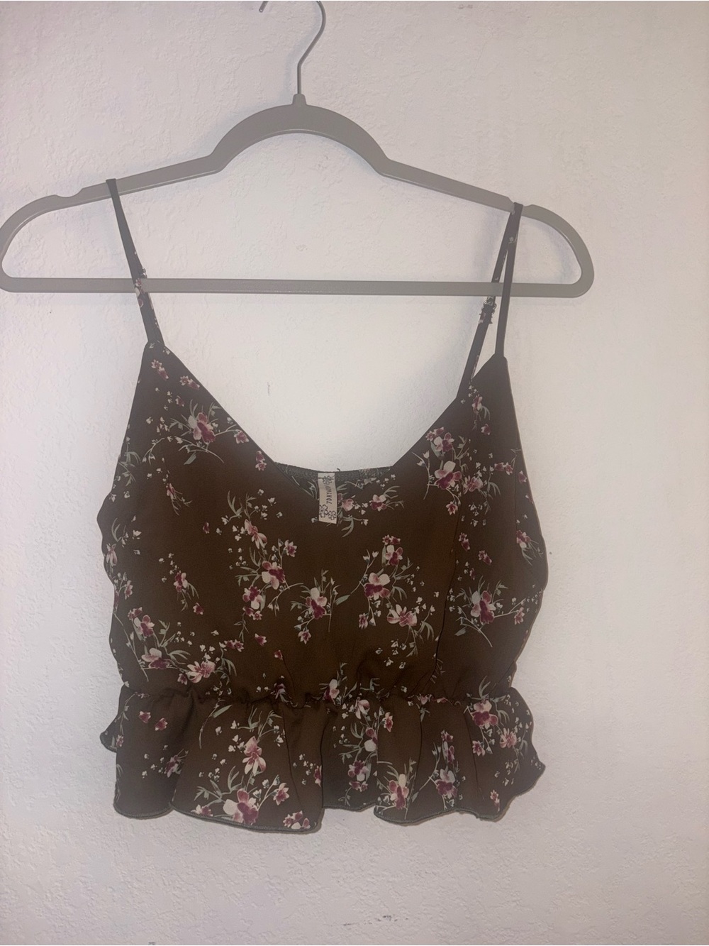 Floral Ruffle-Hem Brown Camisole with Adjustable Straps